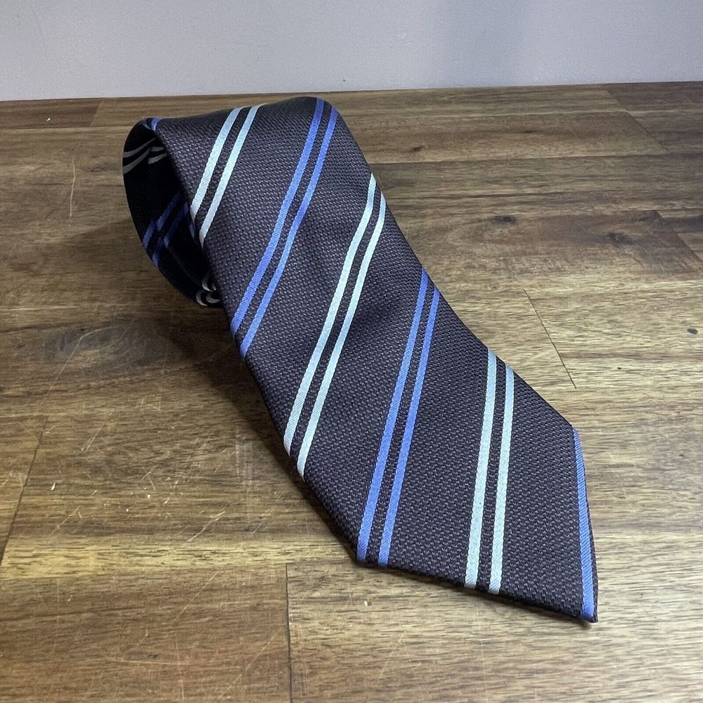 Ermenegildo Zegna Silk Tie Brown Blue Silver Diagonal Stripes 58"x 3.5"